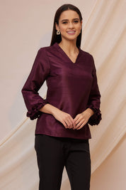 Medh Smocked Ruffle Cuff Top - Burgundy