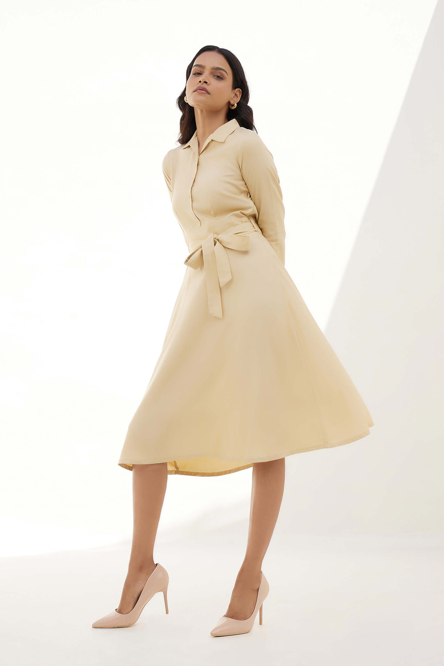 Edith Fit and Flared Shirt Dress - Beige
