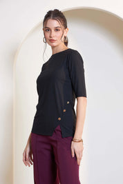 Serena Embellished Rib Knit Top - Black