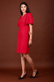 Evelyn Formal-Casual Flutter Sleeve Shift Dress - Red