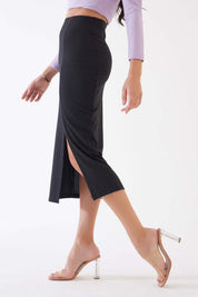 Lucinda Rib Knit Slit Skirt - Black