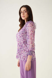 Flora Abstract Ruffled Top - Purple/White