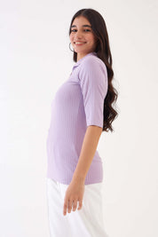 Woody-Lilac Collared Rib Knit Top - Lilac