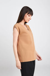 Passionate-V-neck drop shoulder top - Beige Brown