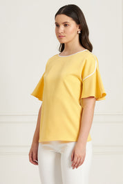 Chloe-Yellow & White Contrast Piping Top - Yellow