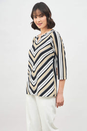 Savvy Top Striped Split Neckline Top - Multicolor