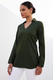 Allure-Olive Green Collared Long Top - Olive