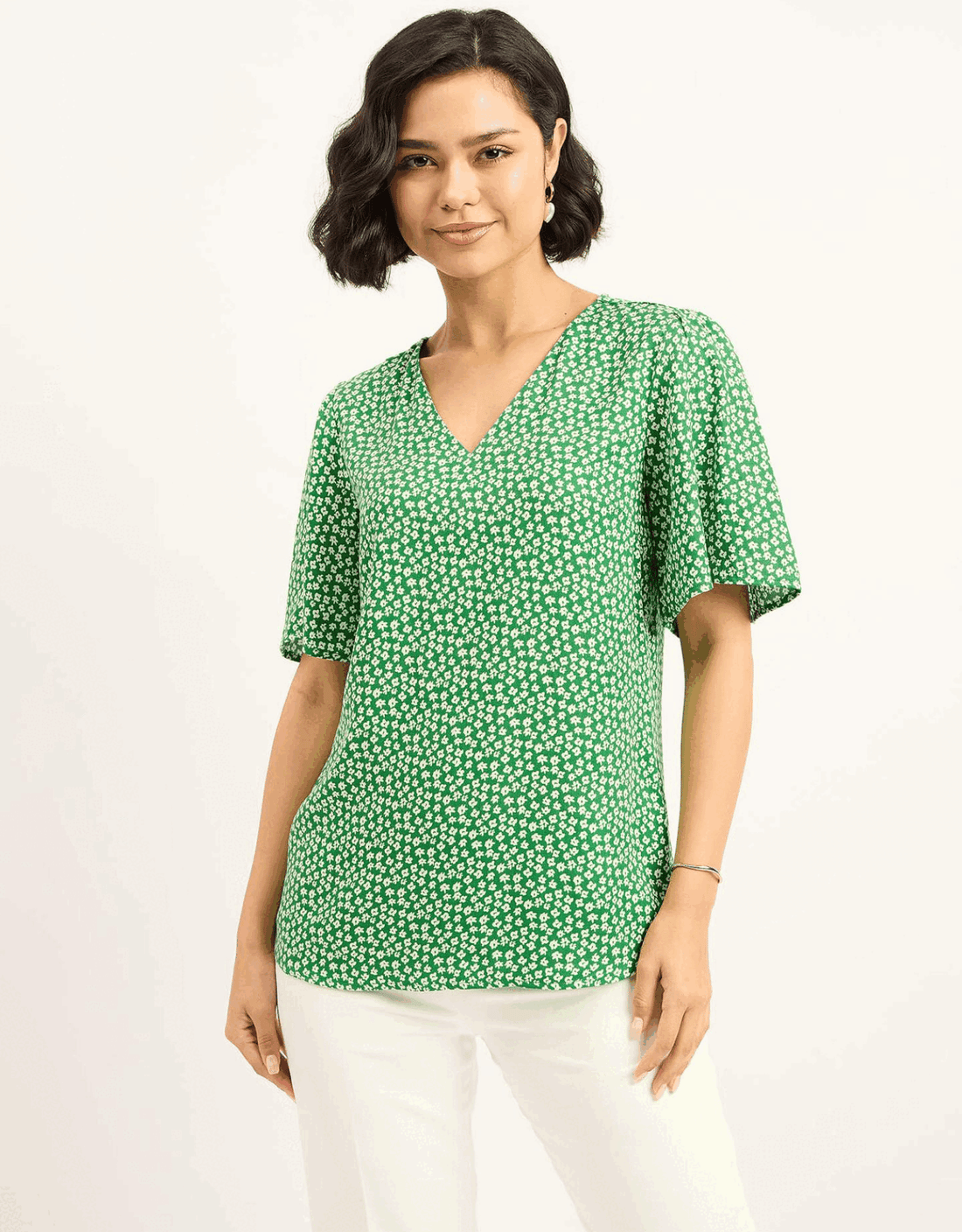 Siren Green Floral Sleeves Top - Green &amp; White