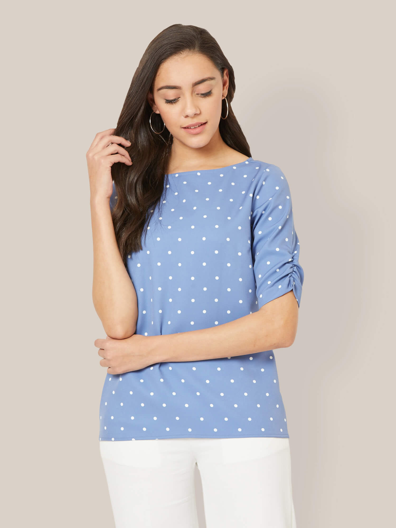 Spica Ruched sleeve polka Top - Blue