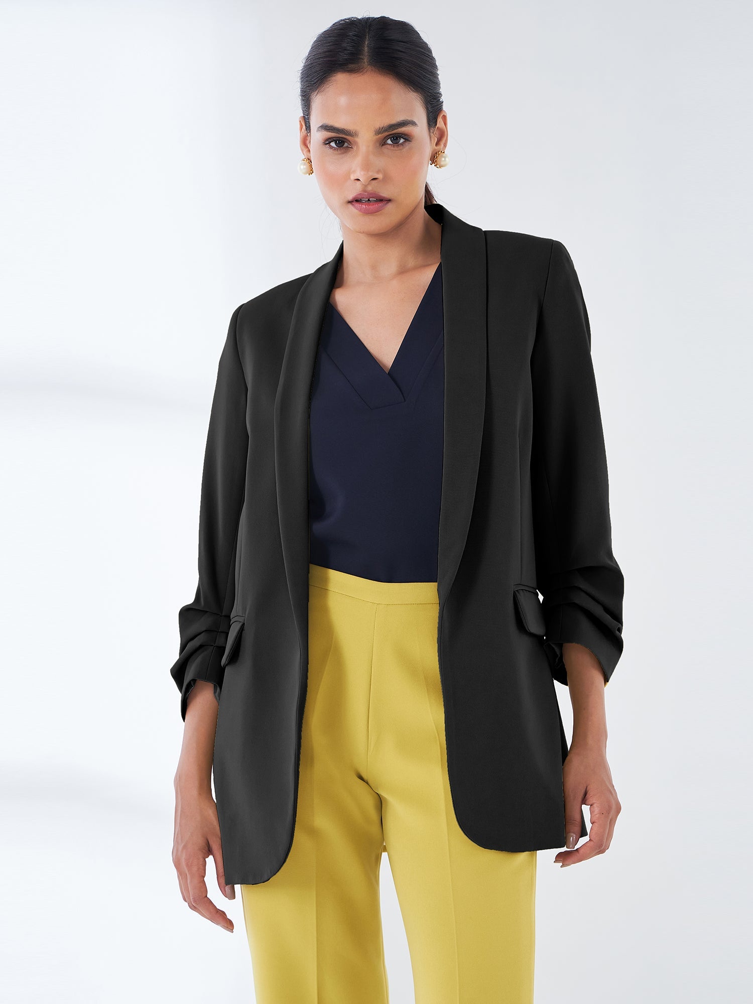 Spunky Ruched Sleeve Blazer - Black