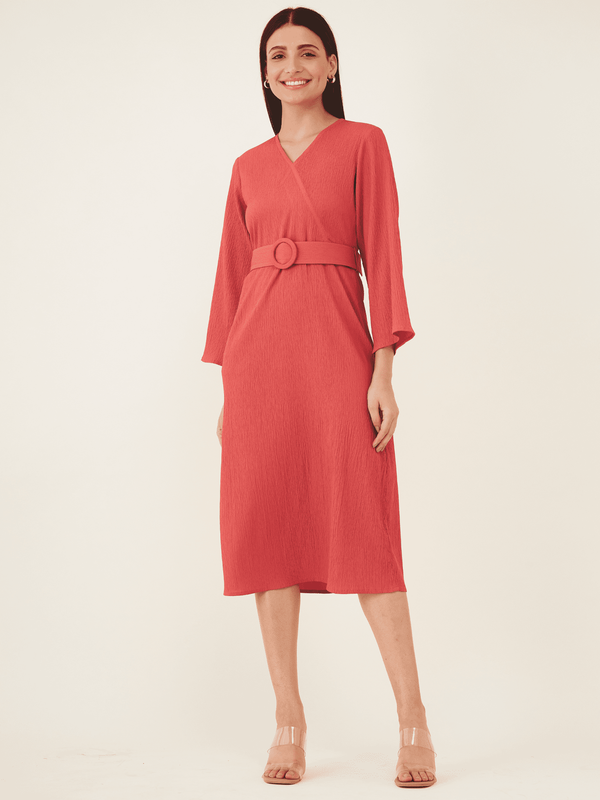 Toledo Plisse Faux Wrap Dress - Dark Peach