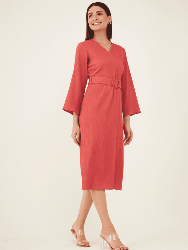 Toledo Plisse Faux Wrap Dress - Dark Peach