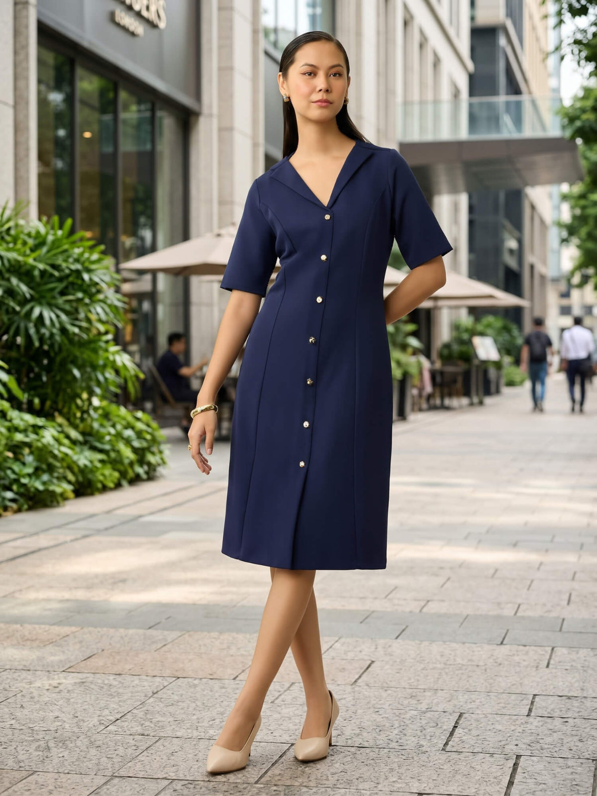Antonia Metallic Button Down A-line Dress-Navy