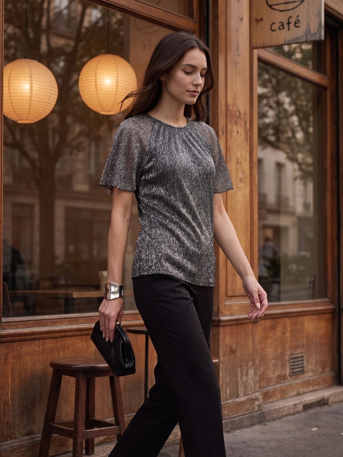 Vella Pleated Neck Flare Sleeve Top-Silver