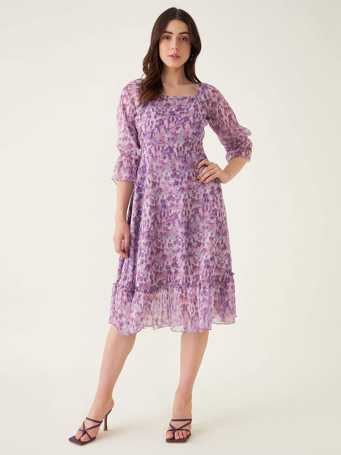 Violet Abstract Tiered Dress - Purple/White