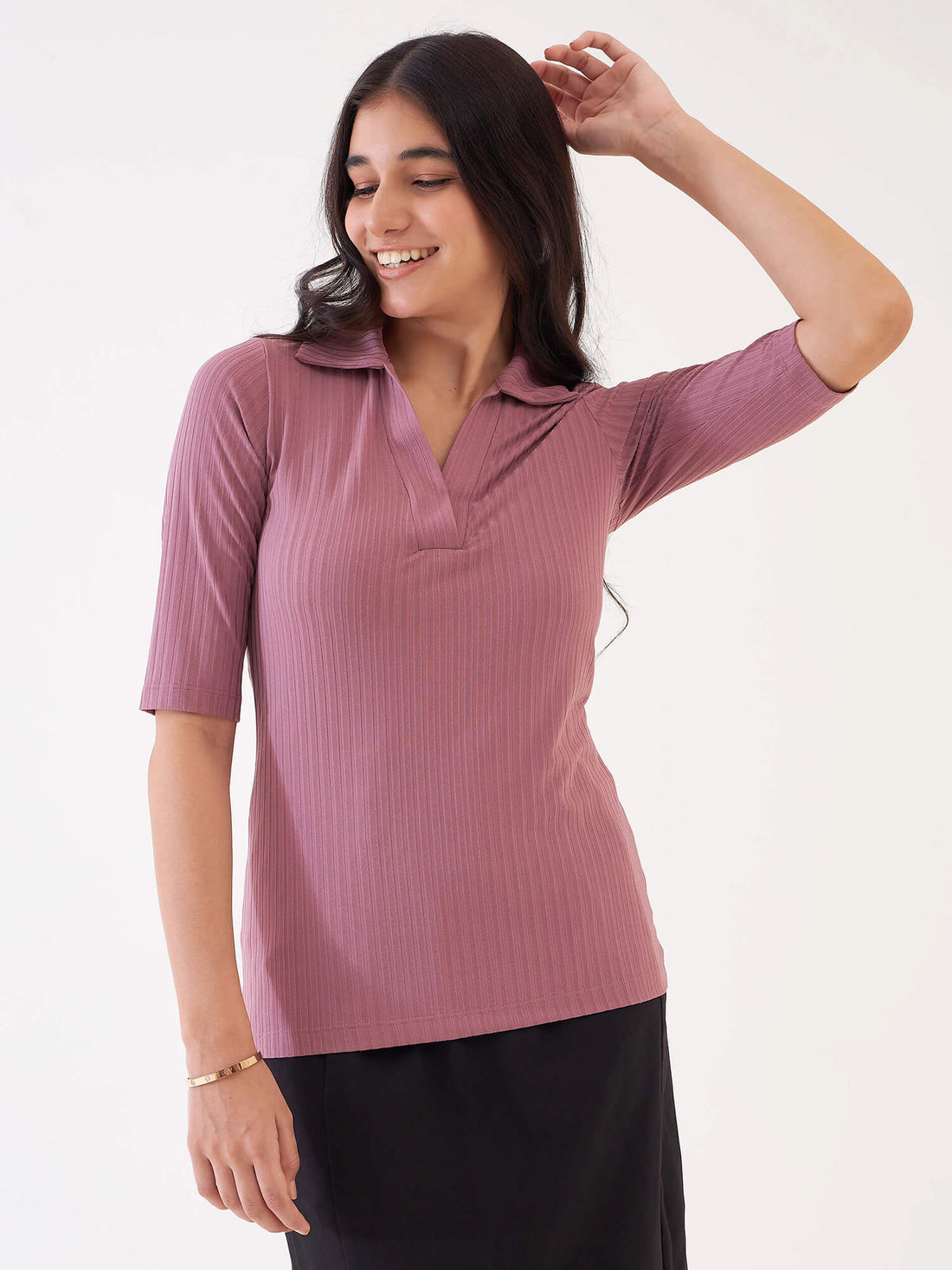 Woody Collared Rib Knit Top - Dusty Pink