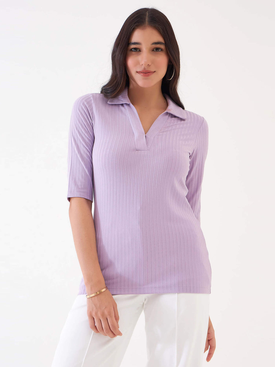 Woody Collared Rib Knit Top - Lilac