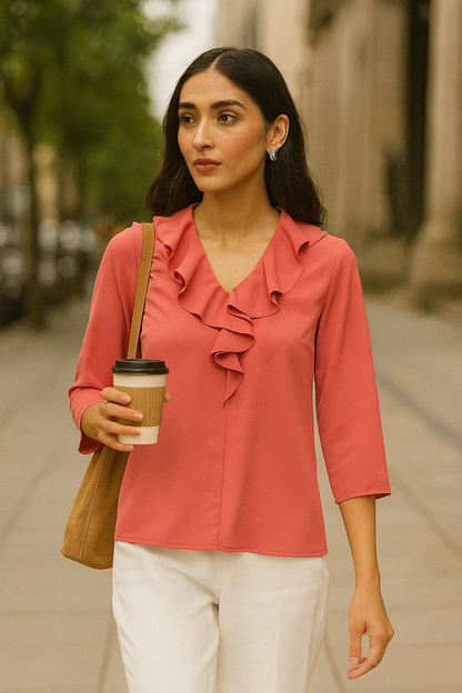 Midnight Kiss Ruffled Neckline Top - Dark Peach