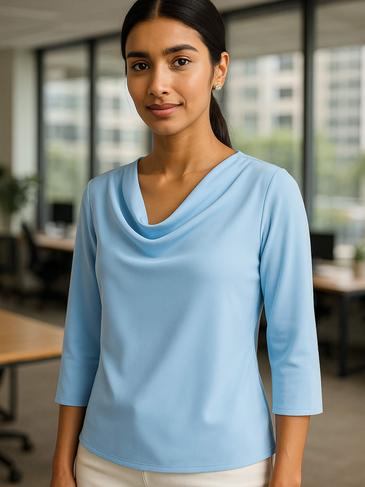 Mermaid Mule Cowl Neck Top - Ice Blue