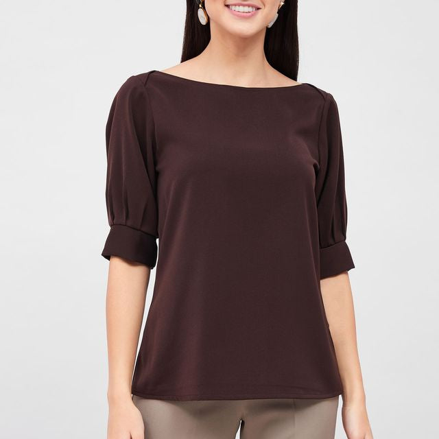 Mocha Pleated Sleeve Top - Brown