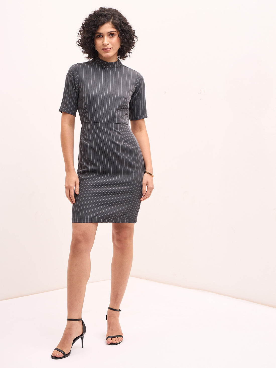 Steel High Neck Sheath Dress - Grey/White
